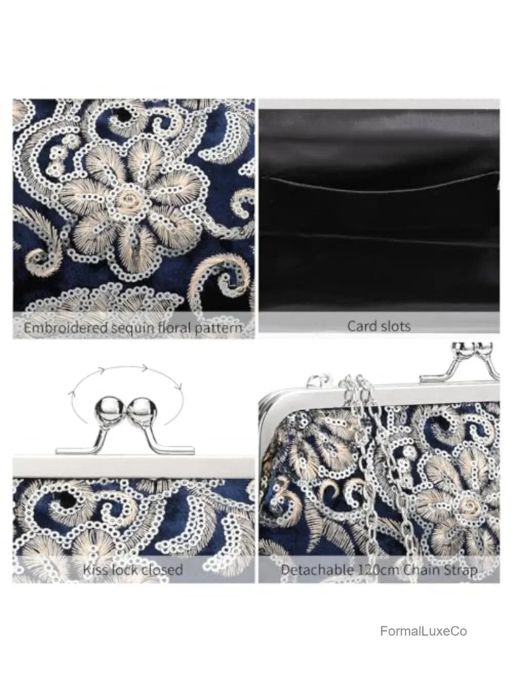 Floral Embroidered Sequin Evening Kiss Lock Clutch Purse with Detachable Chain